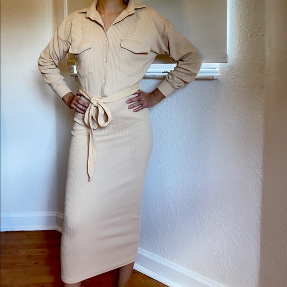 Ribbed Belted Midi Shirt Dress In Sand 